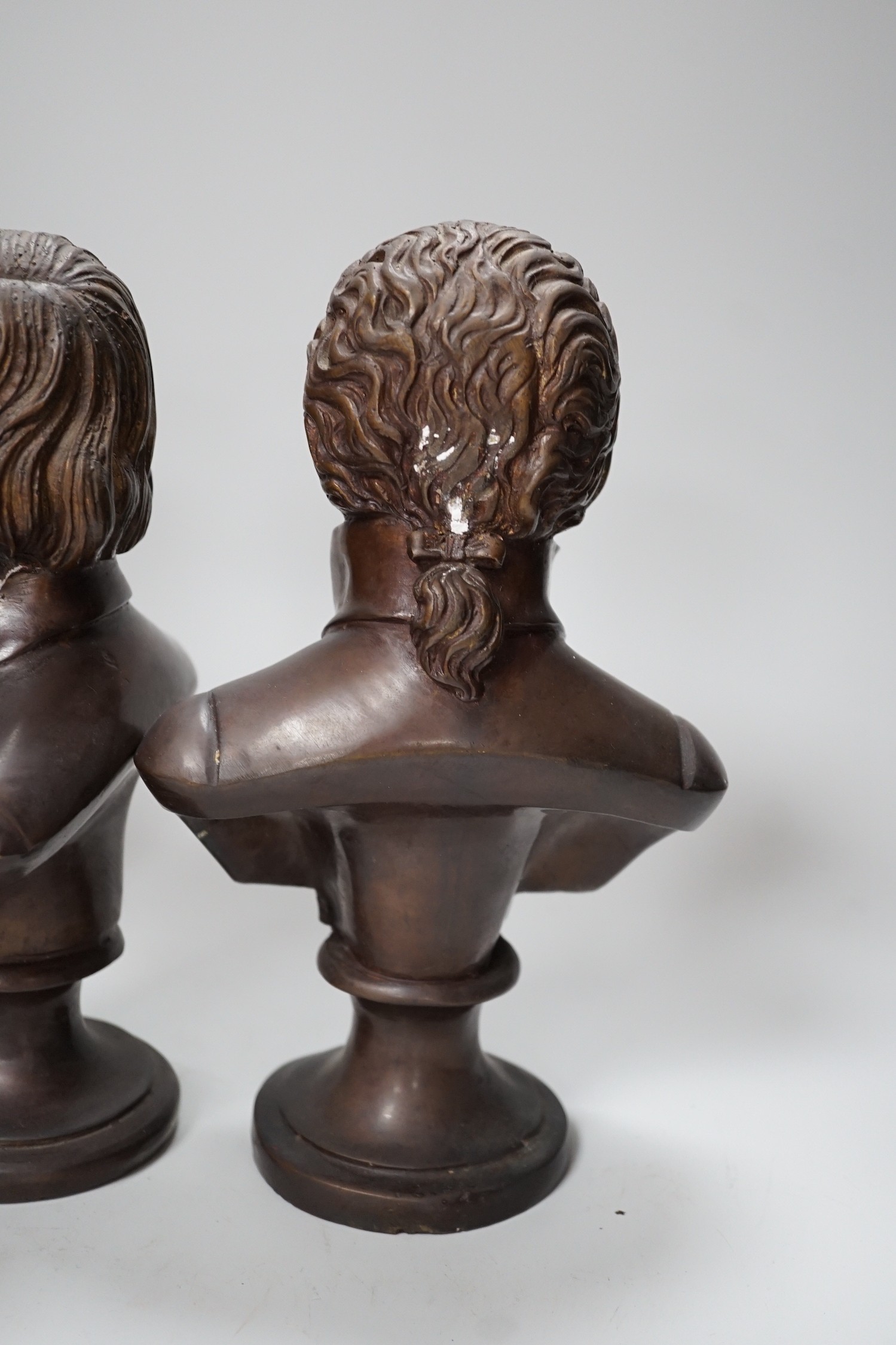 A set of four bronze busts of composers: Schubert, Wagner, Verdi and Mozart, 14cm high